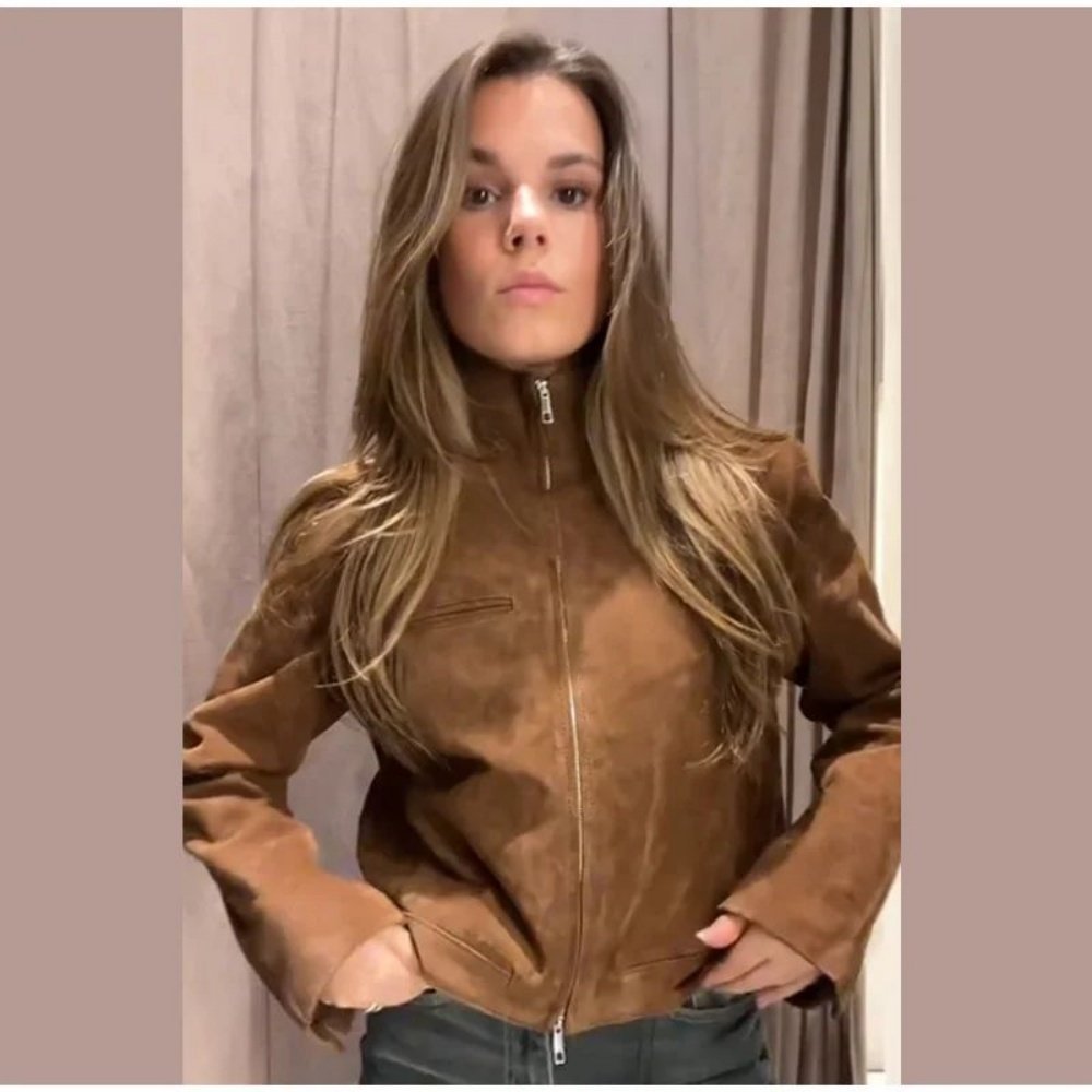 Spring Short Suede Jackets Women Brown Stand Collar Zip - Image 2