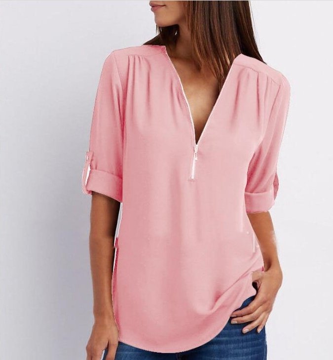 Zip V-neck Shirts Women Short Sleeve Loose Tops - Image 8