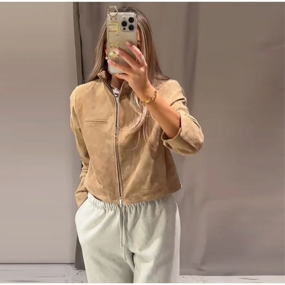 Spring Short Suede Jackets Women Brown Stand Collar Zip - Image 4