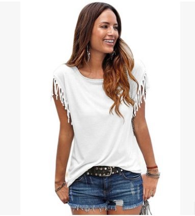 Wish quick sale eBay ladies Europe and America big size round neck short sleeve cuffs tassel T-shirt cotton tops - Image 10