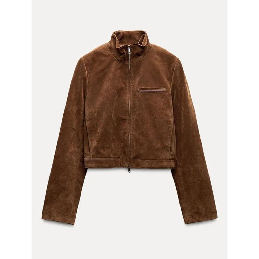 Spring Short Suede Jackets Women Brown Stand Collar Zip - Image 8