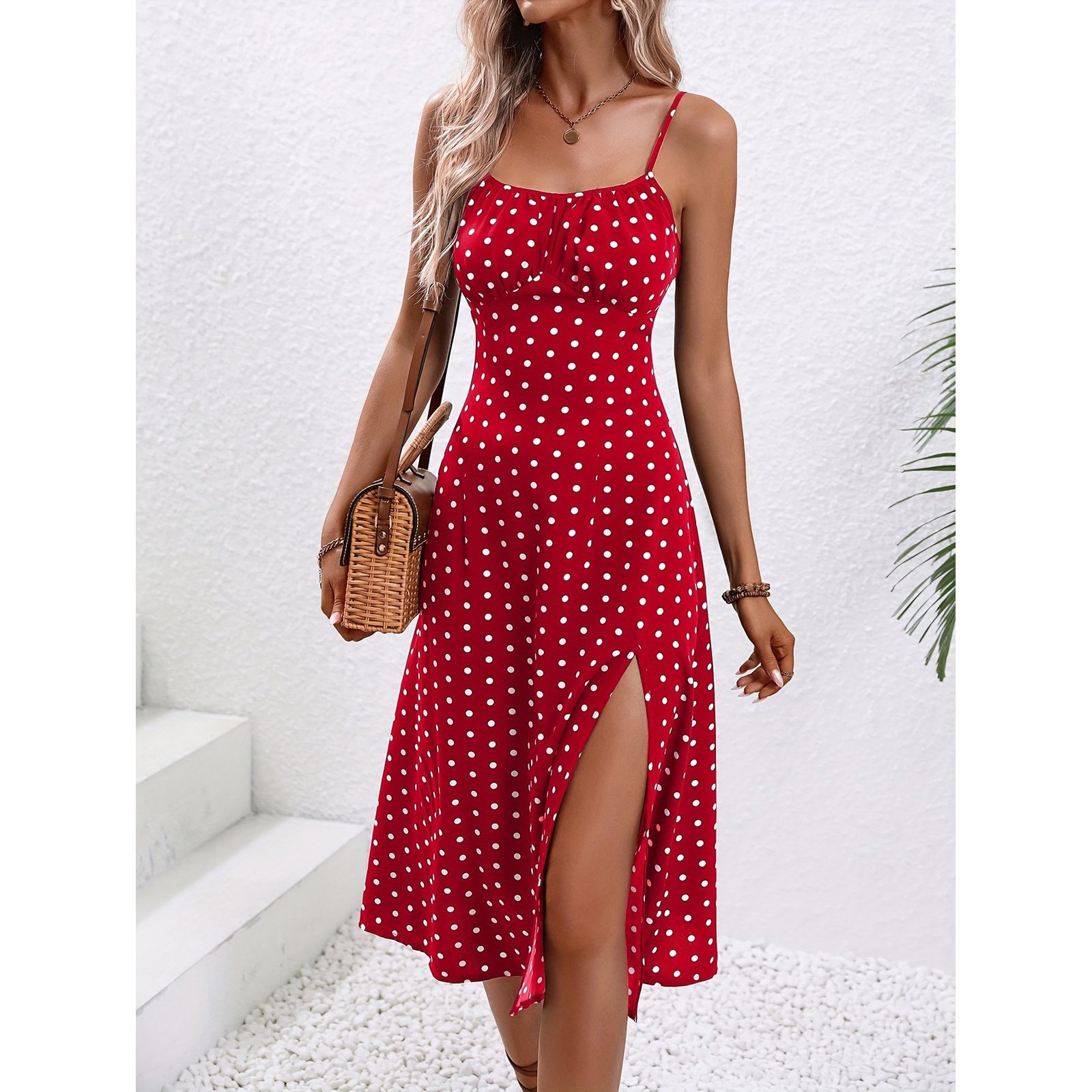 New Polka Dot Print Suspender Dress Summer Sexy Split Long Dresses For Womens Clothing - Image 6