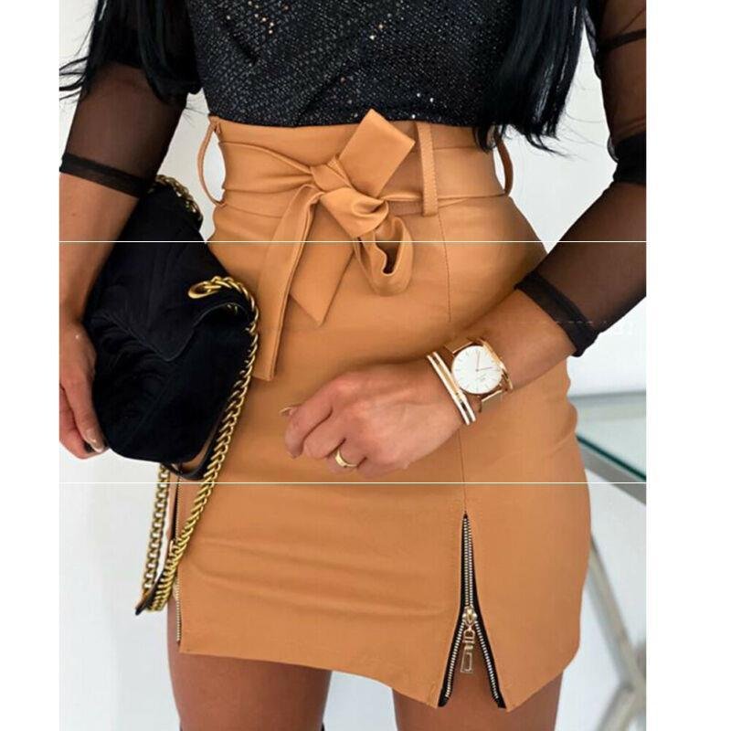 Women Bandage PU Leather Skirt Ladies Short Mini Skirts - Image 3