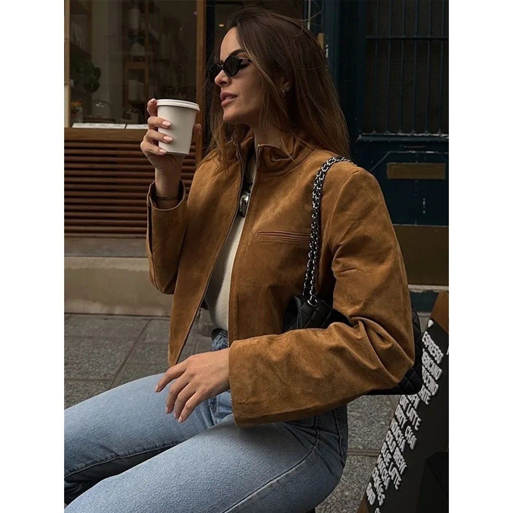 Spring Short Suede Jackets Women Brown Stand Collar Zip - Image 6
